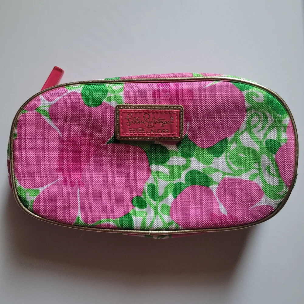 Lilly Pulitzer x Estee Lauder Classic Hawaiian Pink Green Palm Floral Makeup Bag